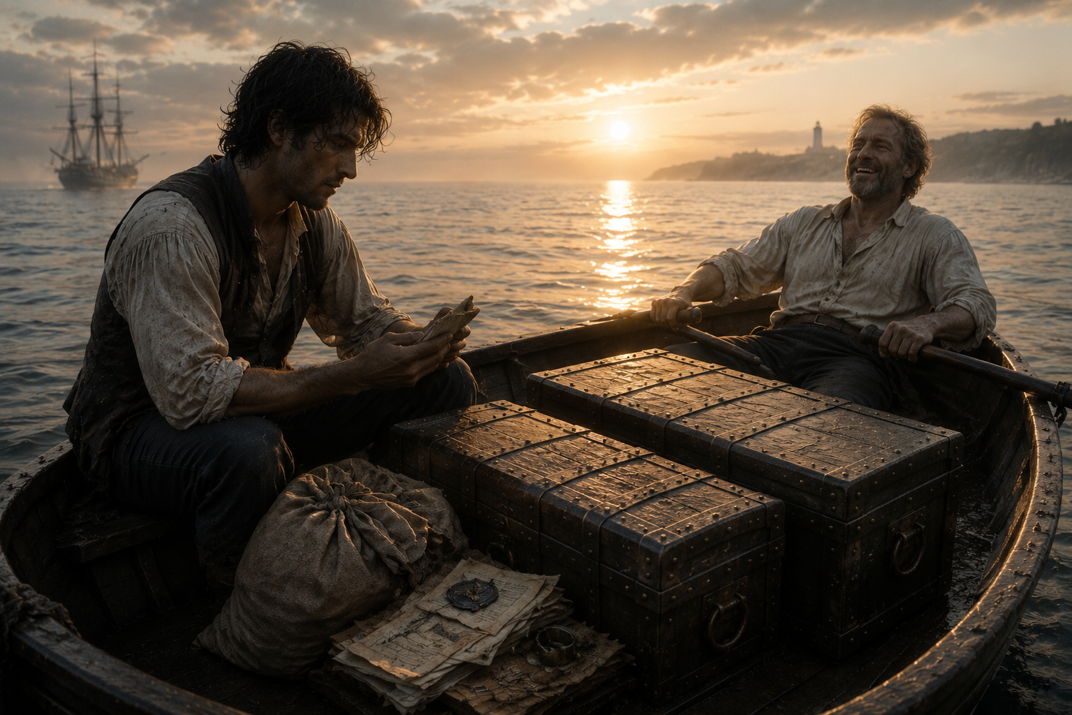 John and Pelham in the boat with the stolen chests