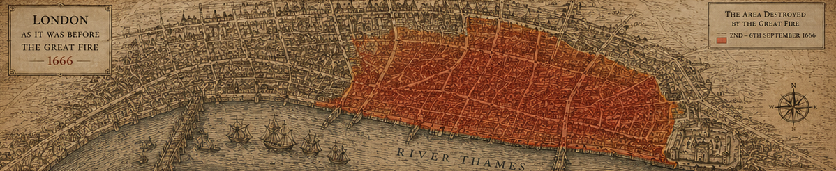 London as it was before the Great Fire, showing the destroyed area
